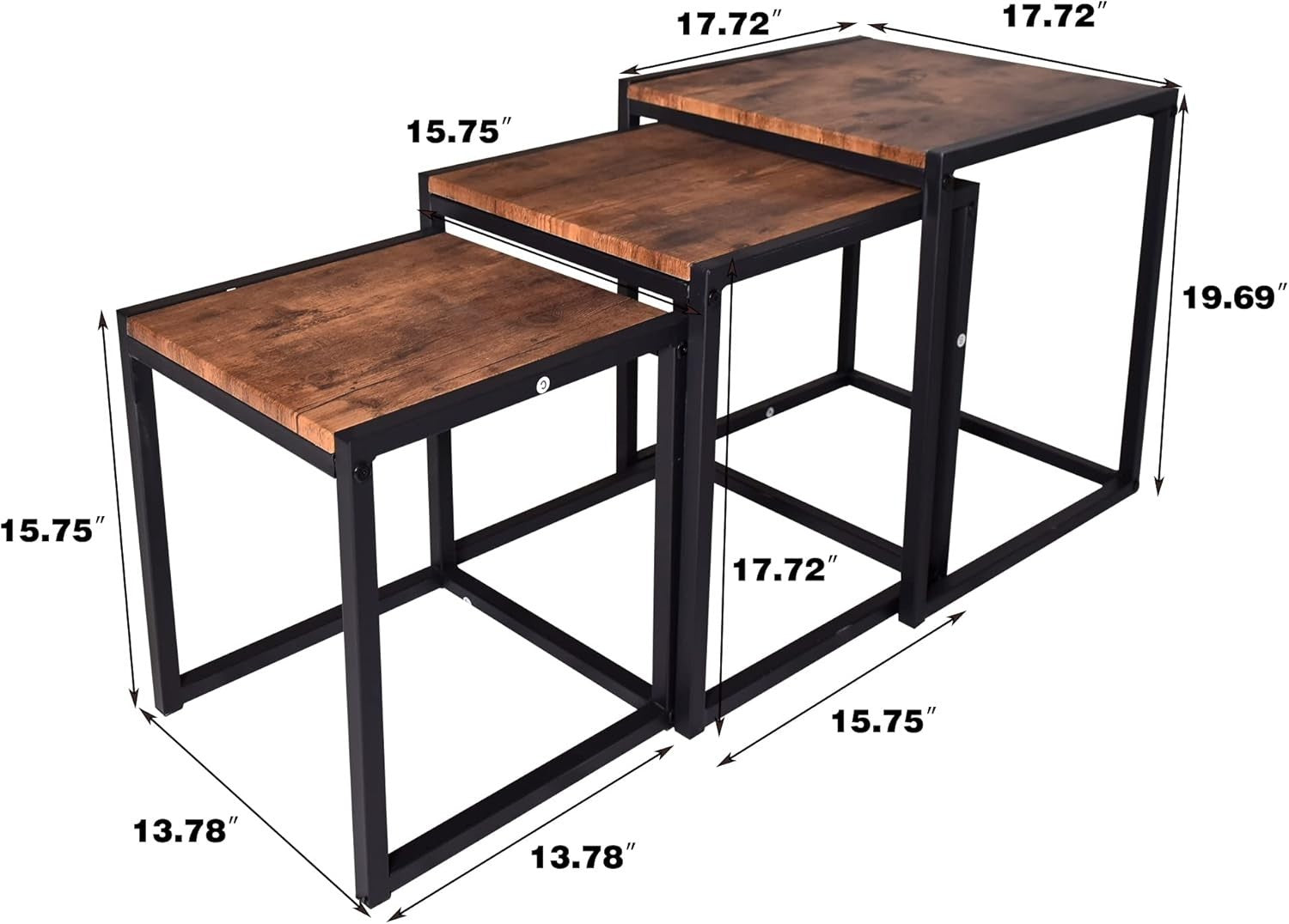 Space Saving Nesting Coffee Tables Set of 3 Metal Frame Brown Living Room