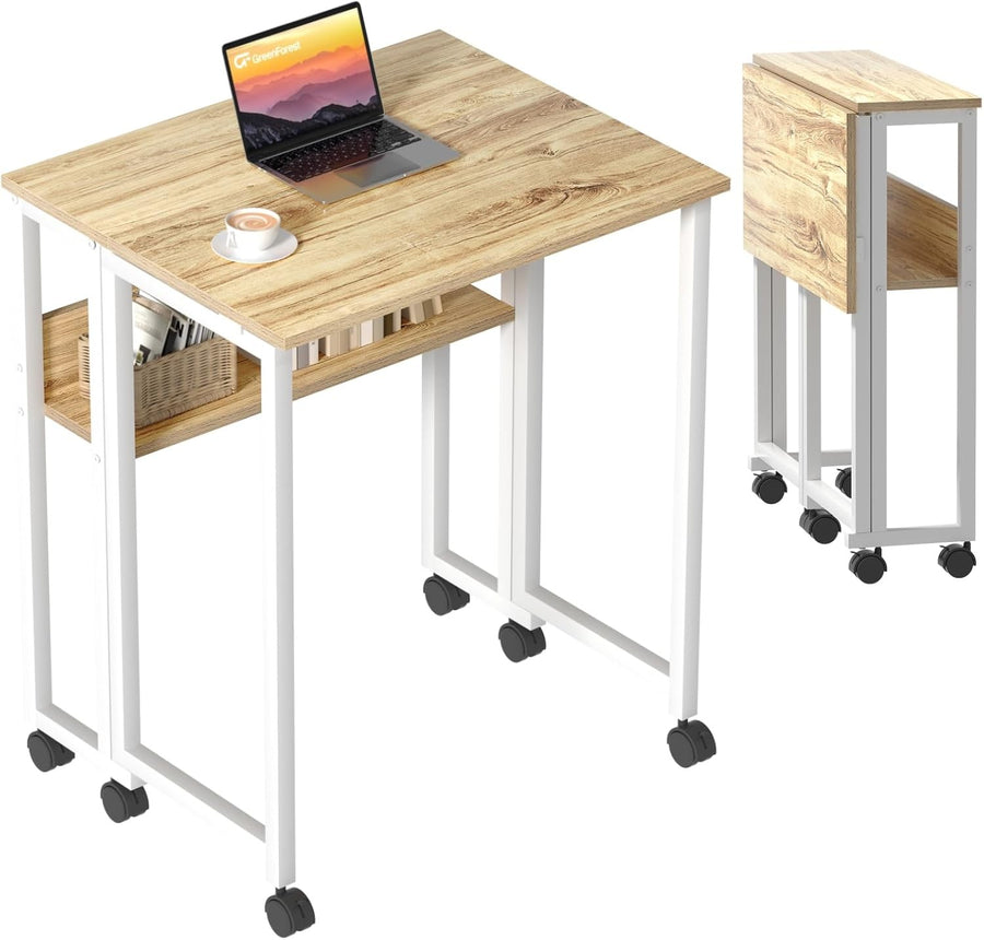 Folding Computer Desk on Wheels with Storage Shelf Space Saving 80x50cm