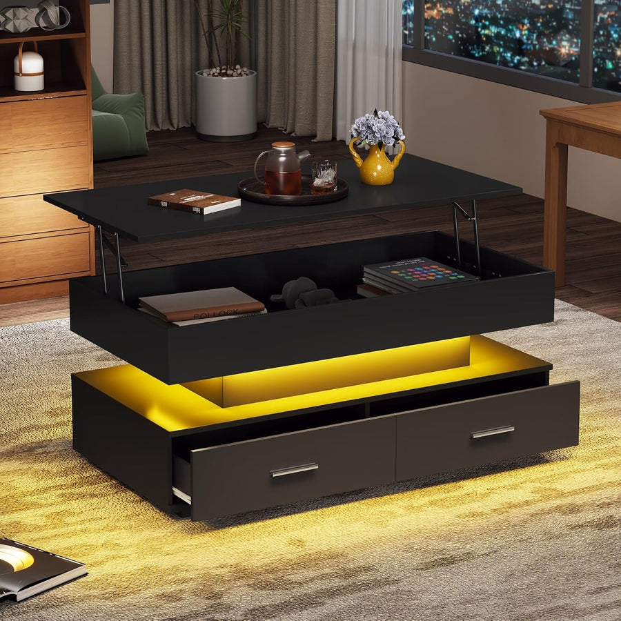 Modern LED Lift Top Coffee Table with Storage & Drawers, Adjustable Height