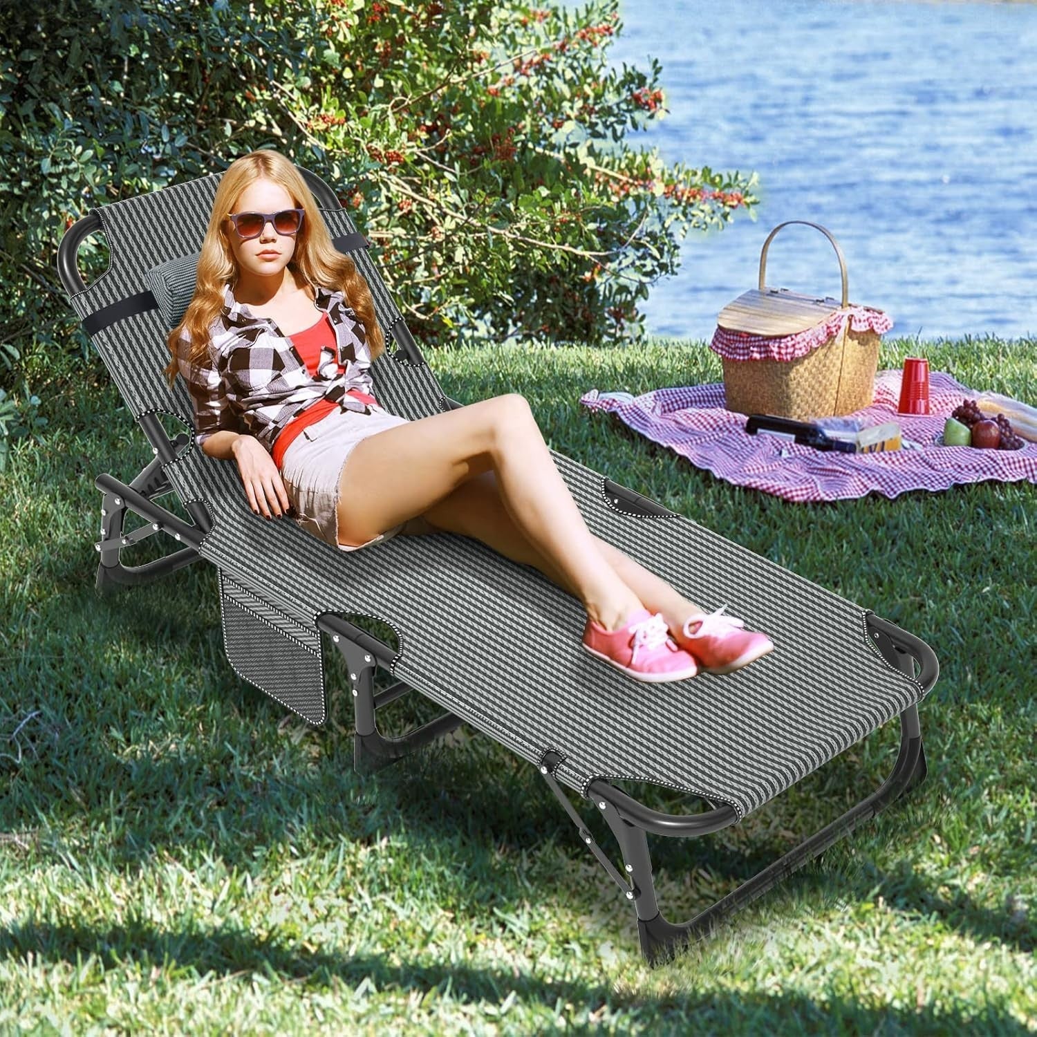 Heavy-Duty Folding Sun Lounger with Adjustable Backrest & Cushion, Portable