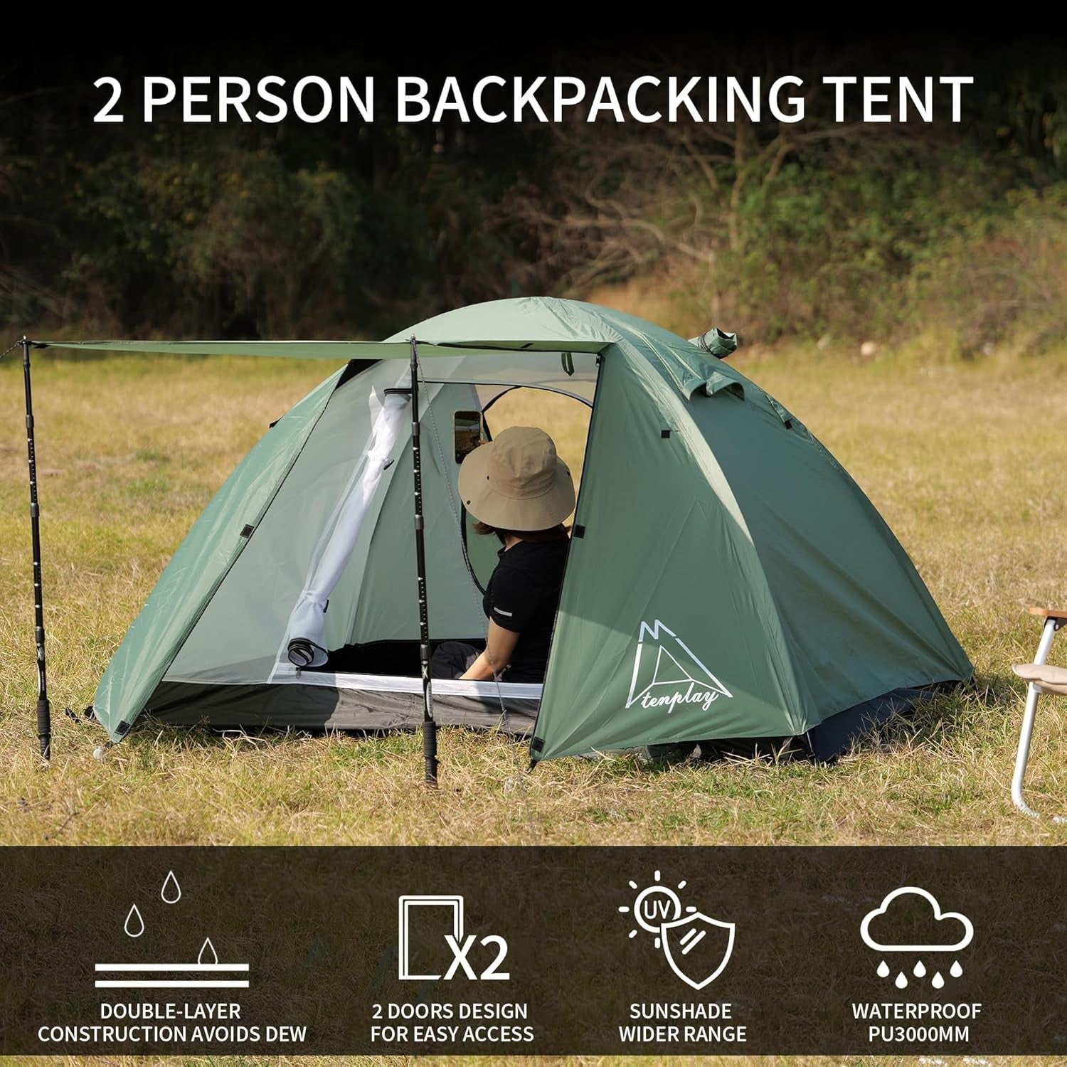 2 Man Camping Tent PU3000mm Waterproof Lightweight 2 Doors