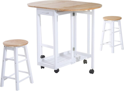 3-Piece Foldable Drop Leaf Dining Set with Stools White Modern Compact
