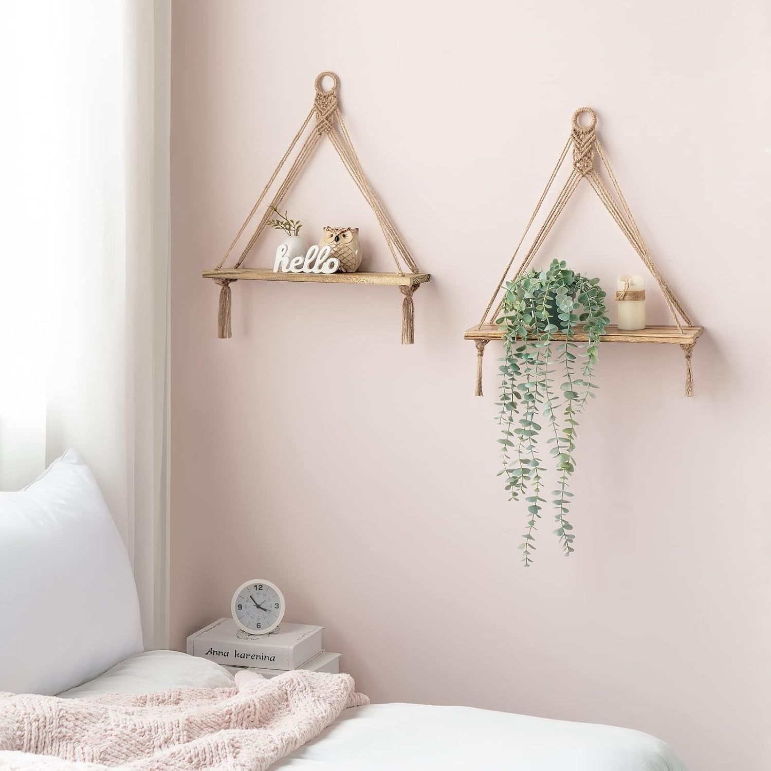 Boho Triangular Hanging Shelves Set of 2 Wood Floating Wall Decor