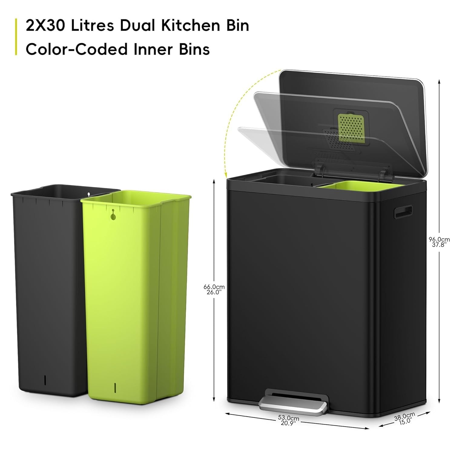 60L Dual Recycling Kitchen Bin 30L+30L Black Soft Close