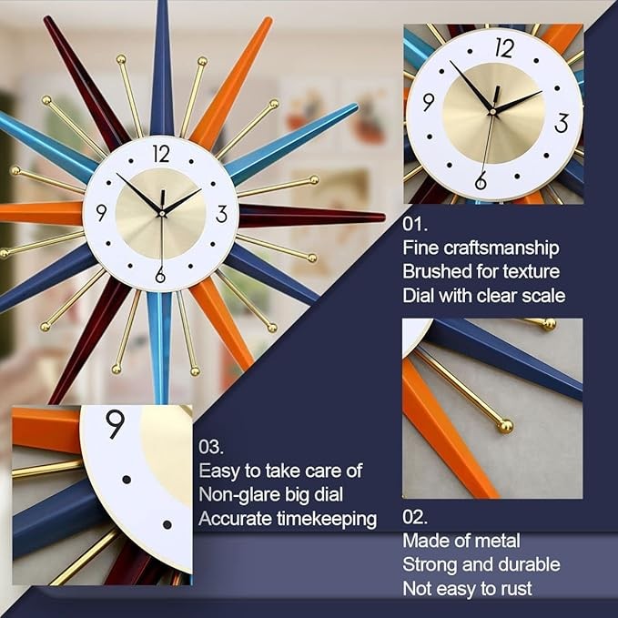27.5" Mid Century Starburst Wall Clock Modern Silent Metal Large Home Decor