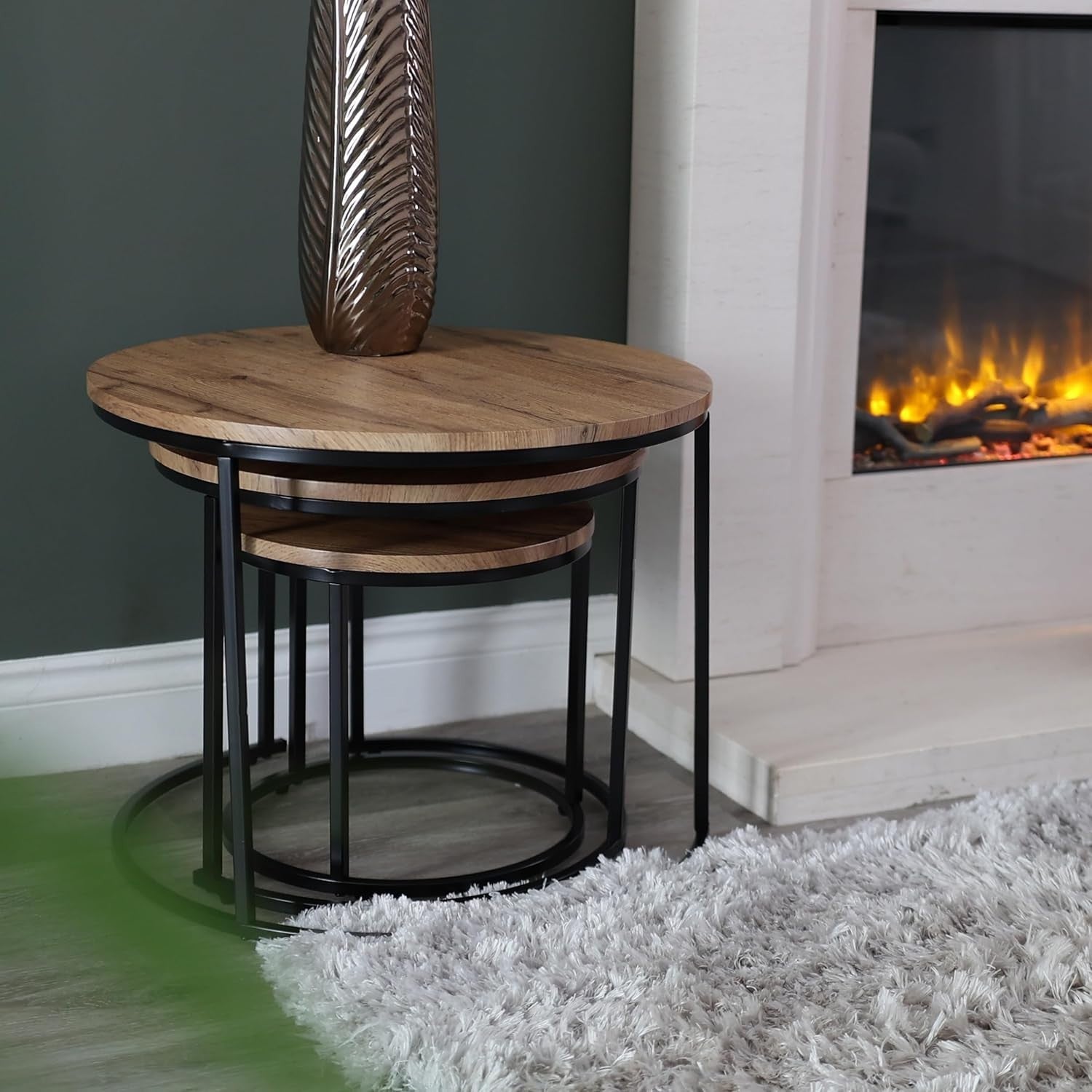 Nesting Coffee Table Set of 3 – Modern Round Side Tables Space Saving Light Oak