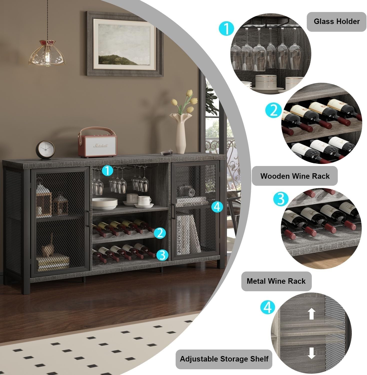 Large Industrial Bar Cabinet with Wine Racks Glass Storage Sideboard Light Grey