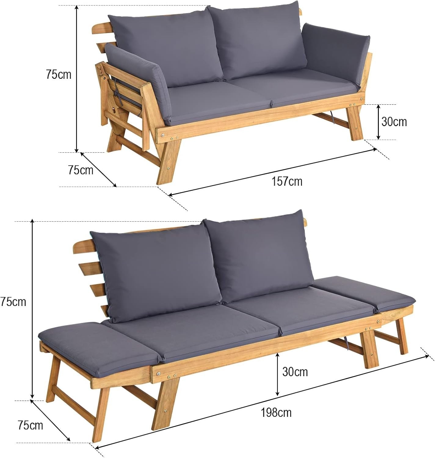 3-in-1 Outdoor Sofa Bed Recliner with Cushions – Convertible Wood Daybed