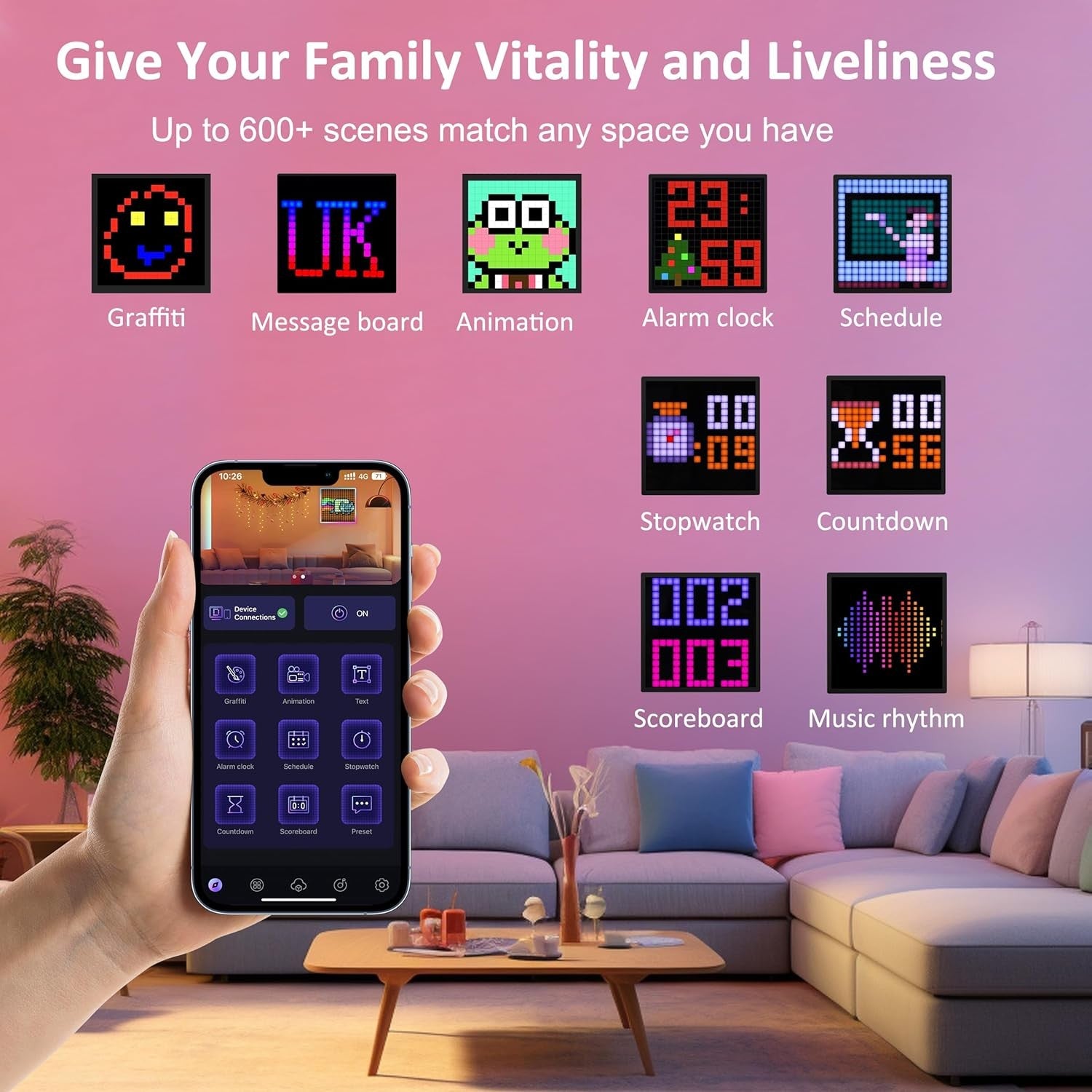 Pixel Art Alarm Clock RGB LED Display Bluetooth App Control Multicolour