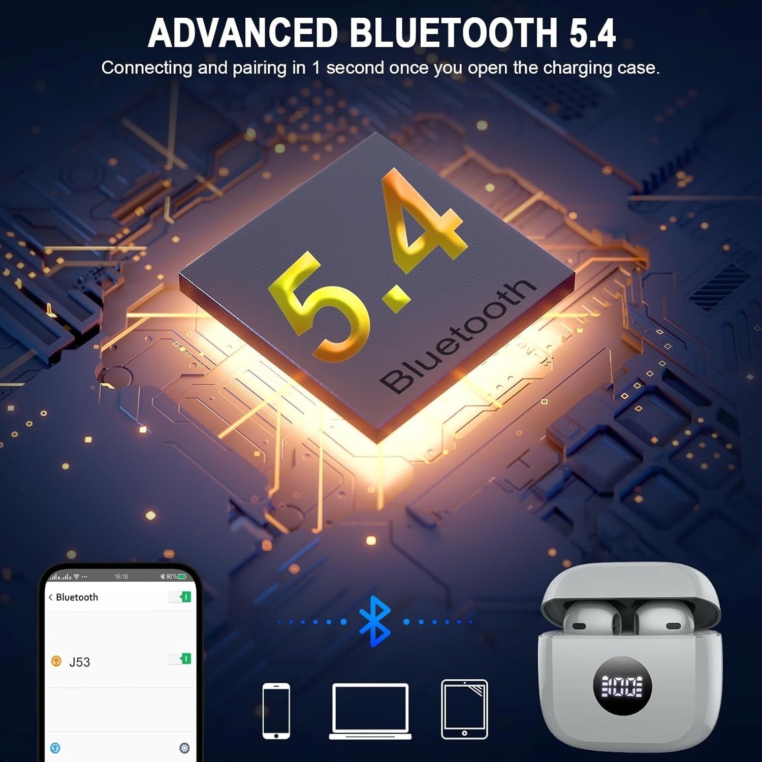 Bluetooth 5.4 Wireless Earbuds Deep Bass ENC Mic 40H Playtime IP7 Grey
