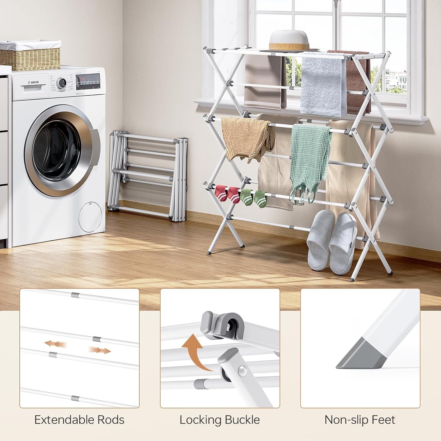 3 Tier Clothes Airer Folding Drying Rack 11 Pole Extendable Indoor Outdoor