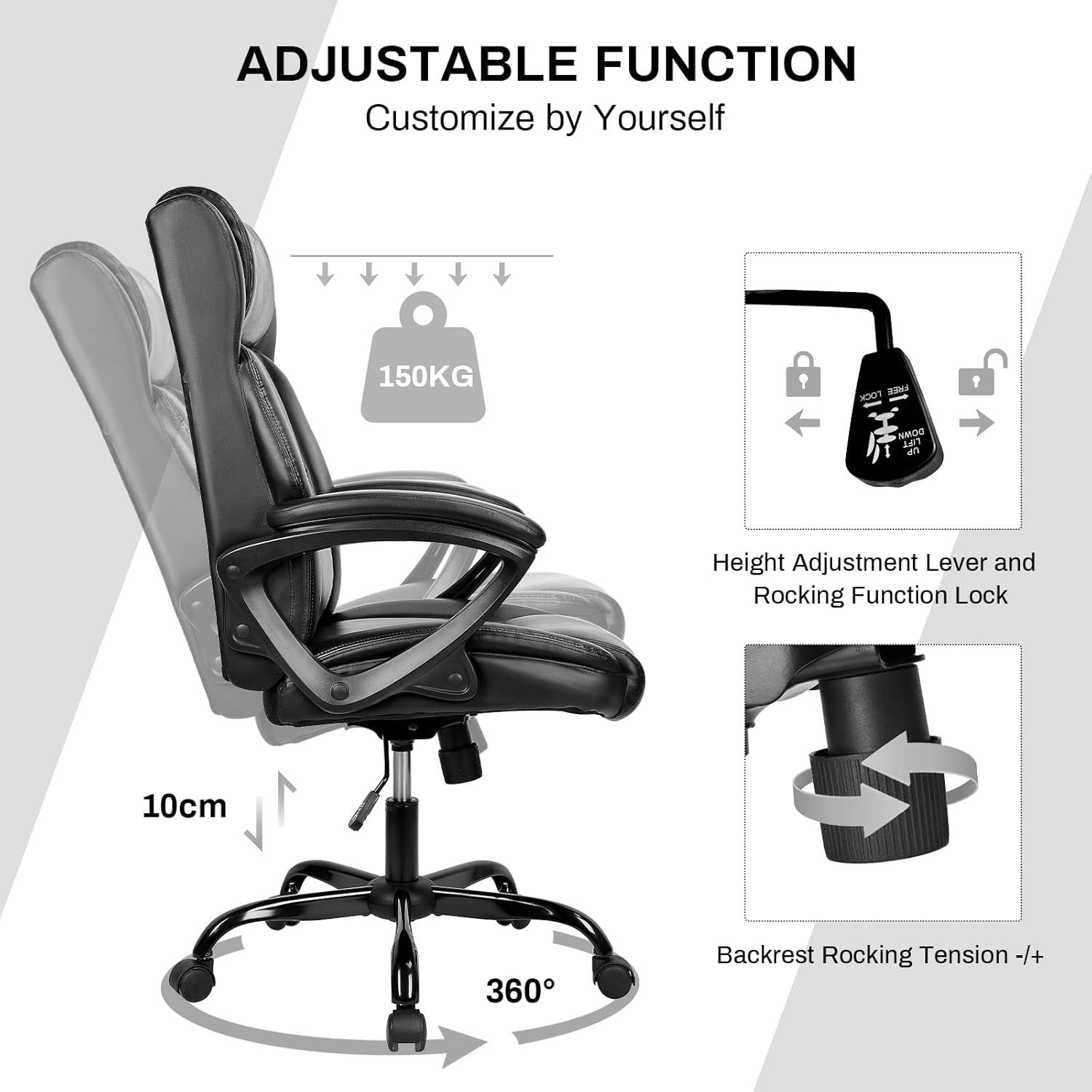 Executive Ergonomic Office Chair Black Leather Desk Chair 150kg Padded Reclining
