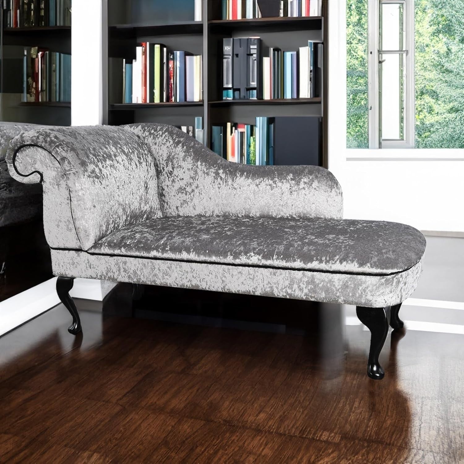 Silver Velvet Chaise Lounge Left Hand – Handmade, Solid Back, UK Made