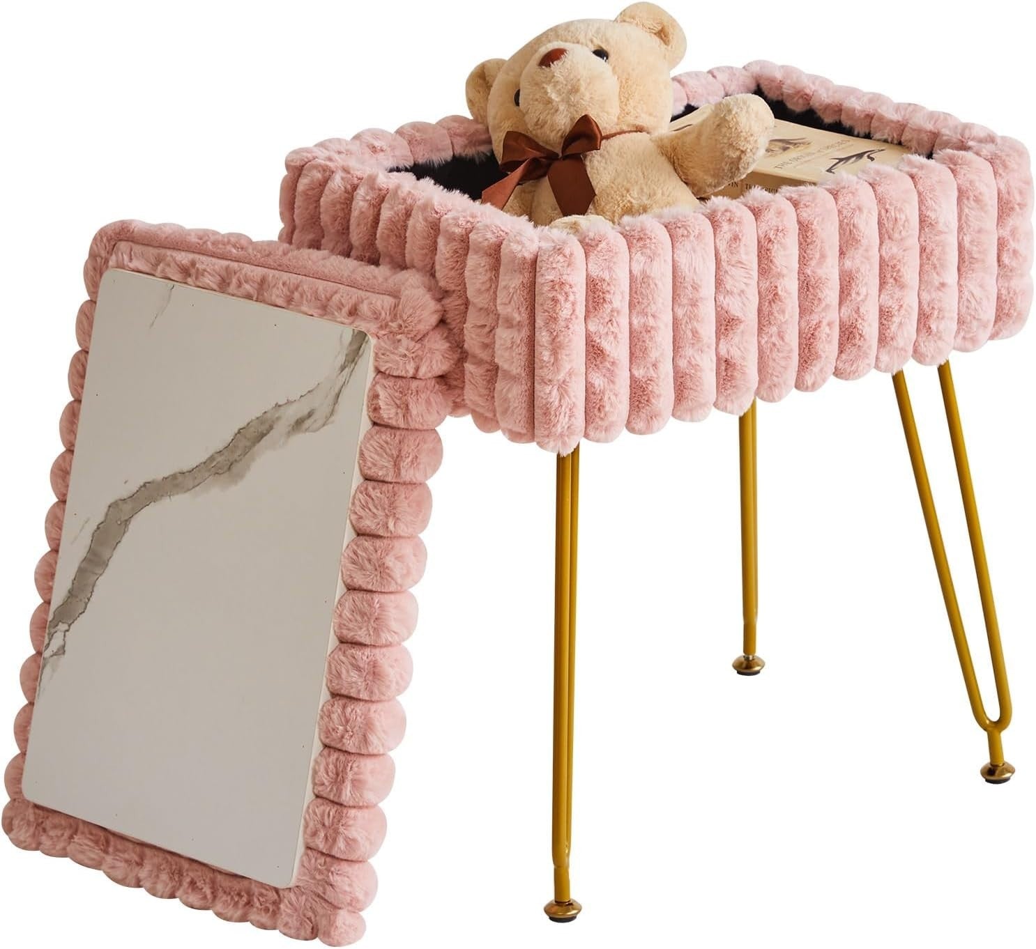 Pink Rectangular Vanity Stool with Storage – Padded Seat & Metal Legs