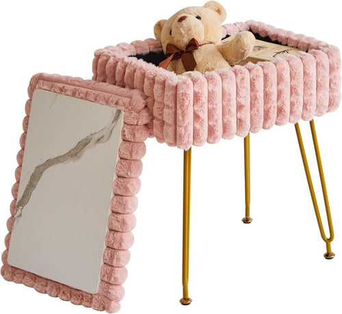 Pink Rectangular Vanity Stool with Storage – Padded Seat & Metal Legs