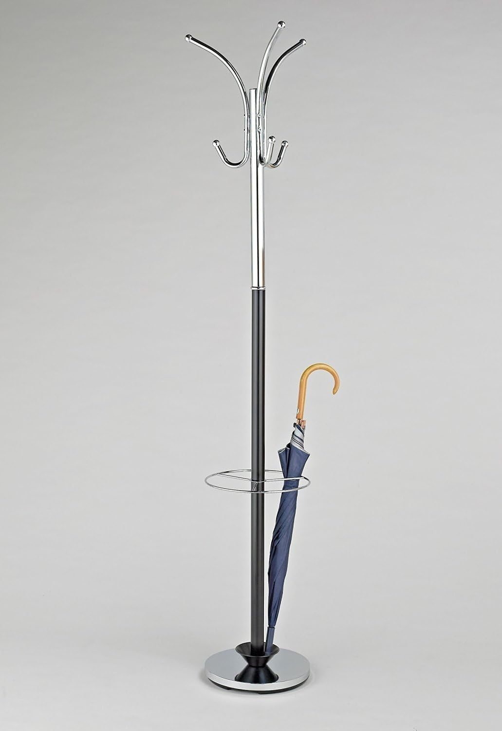Chrome & Black Metal Coat Rack | Free Standing Hall Tree with Umbrella Base