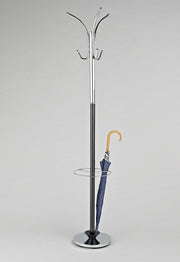 Chrome & Black Metal Coat Rack | Free Standing Hall Tree with Umbrella Base