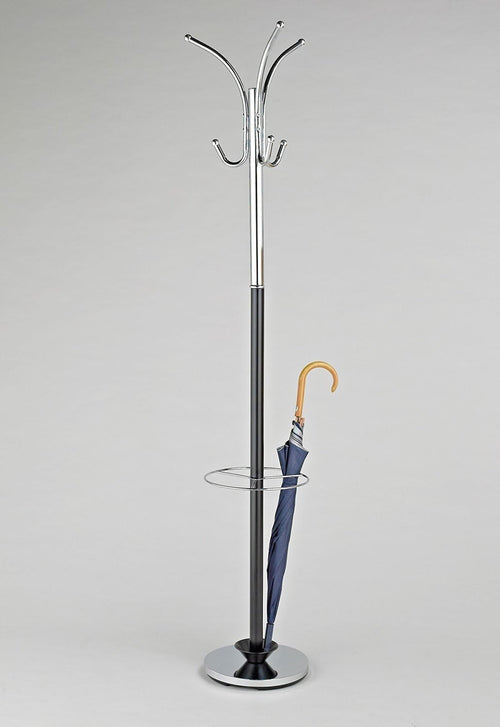 Chrome & Black Metal Coat Rack | Free Standing Hall Tree with Umbrella Base