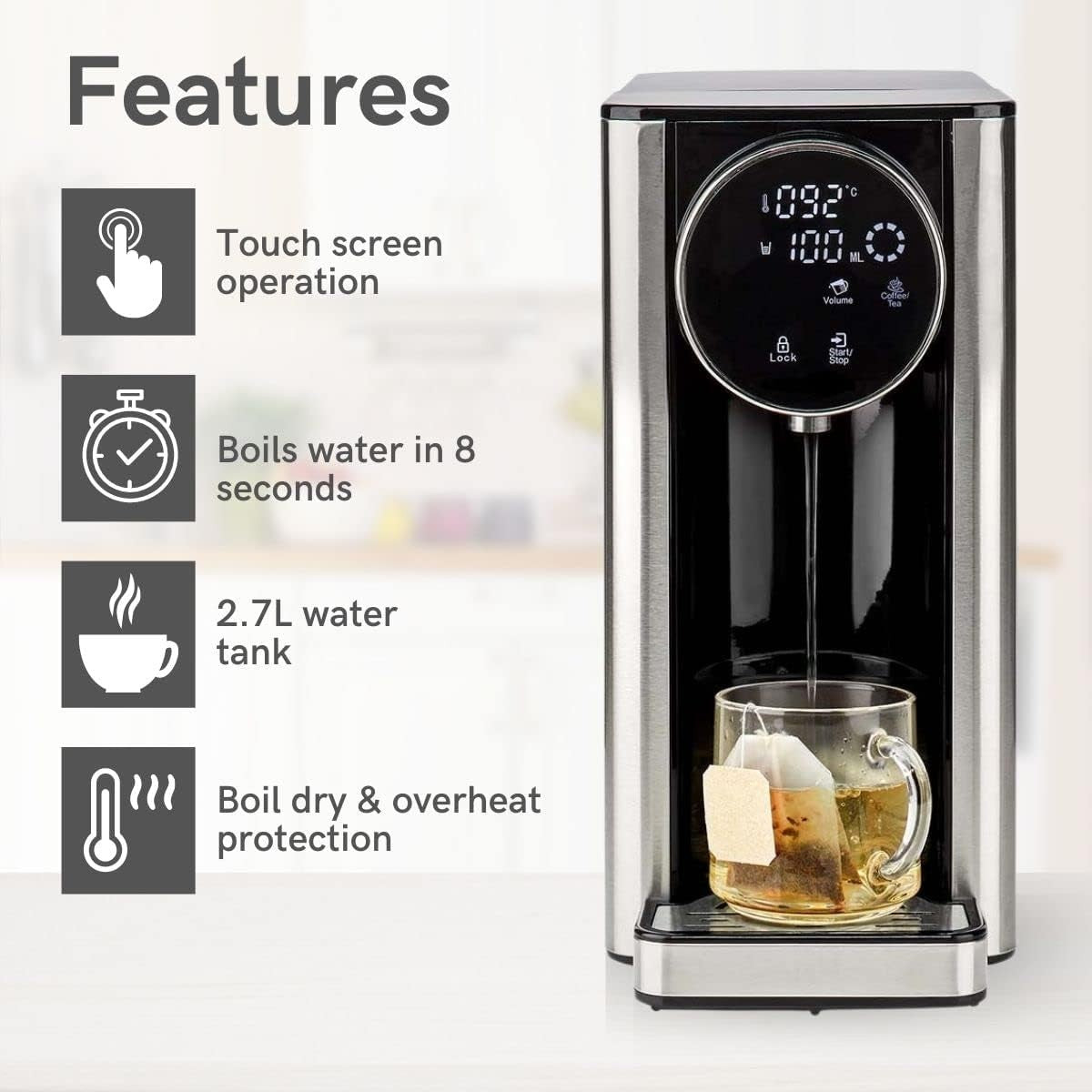 Instant Hot Water Dispenser 2.7L | 2600W Fast Boil Touch Screen Control