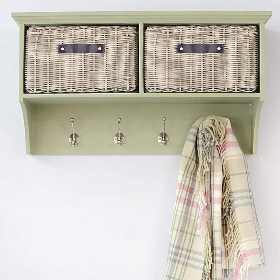 Wall Mounted Coat Rack with Baskets Sage Green Hallway Storage Shelf Unit