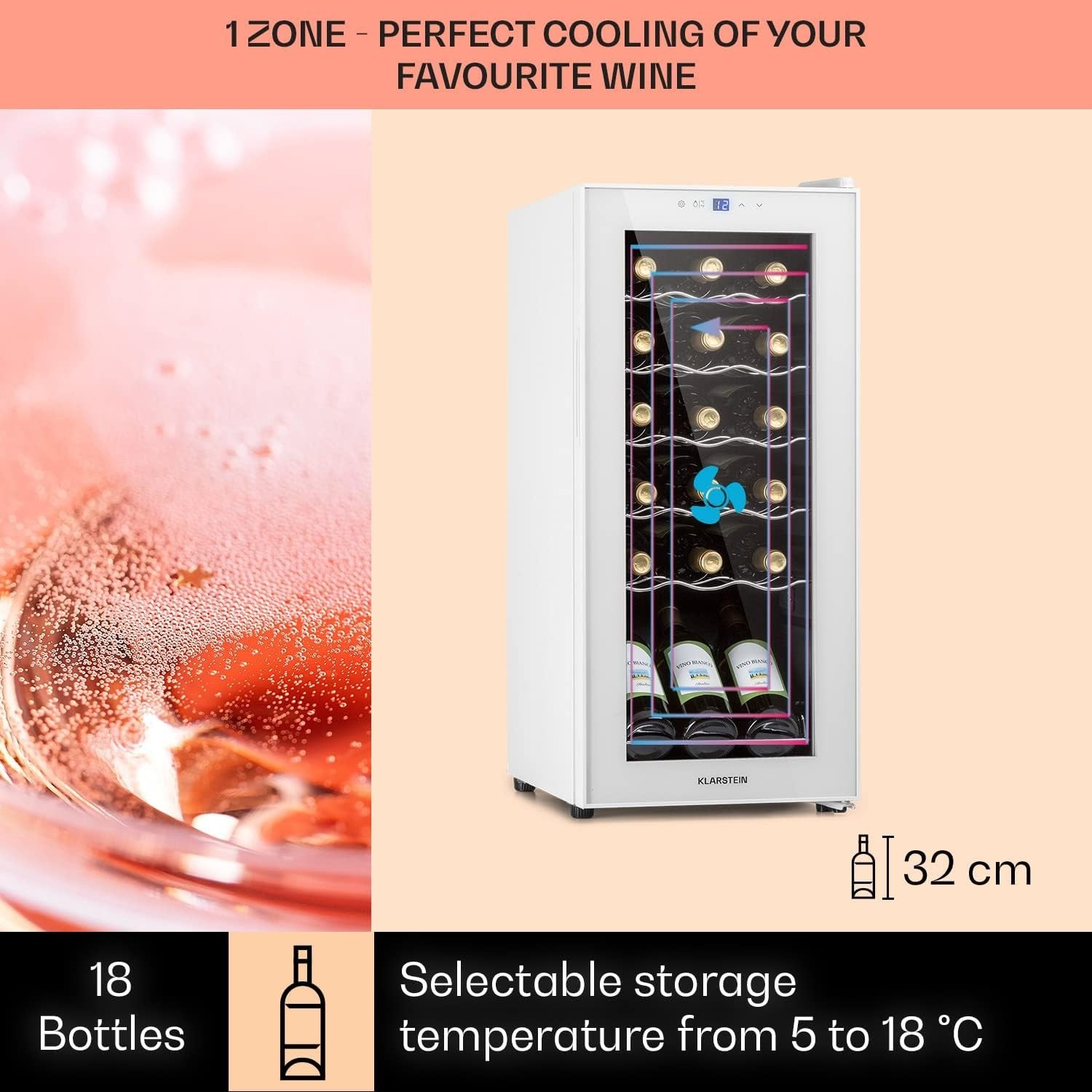 Wine Cooler Fridge 18 Bottle Glass Door Single Zone Slim Freestanding White