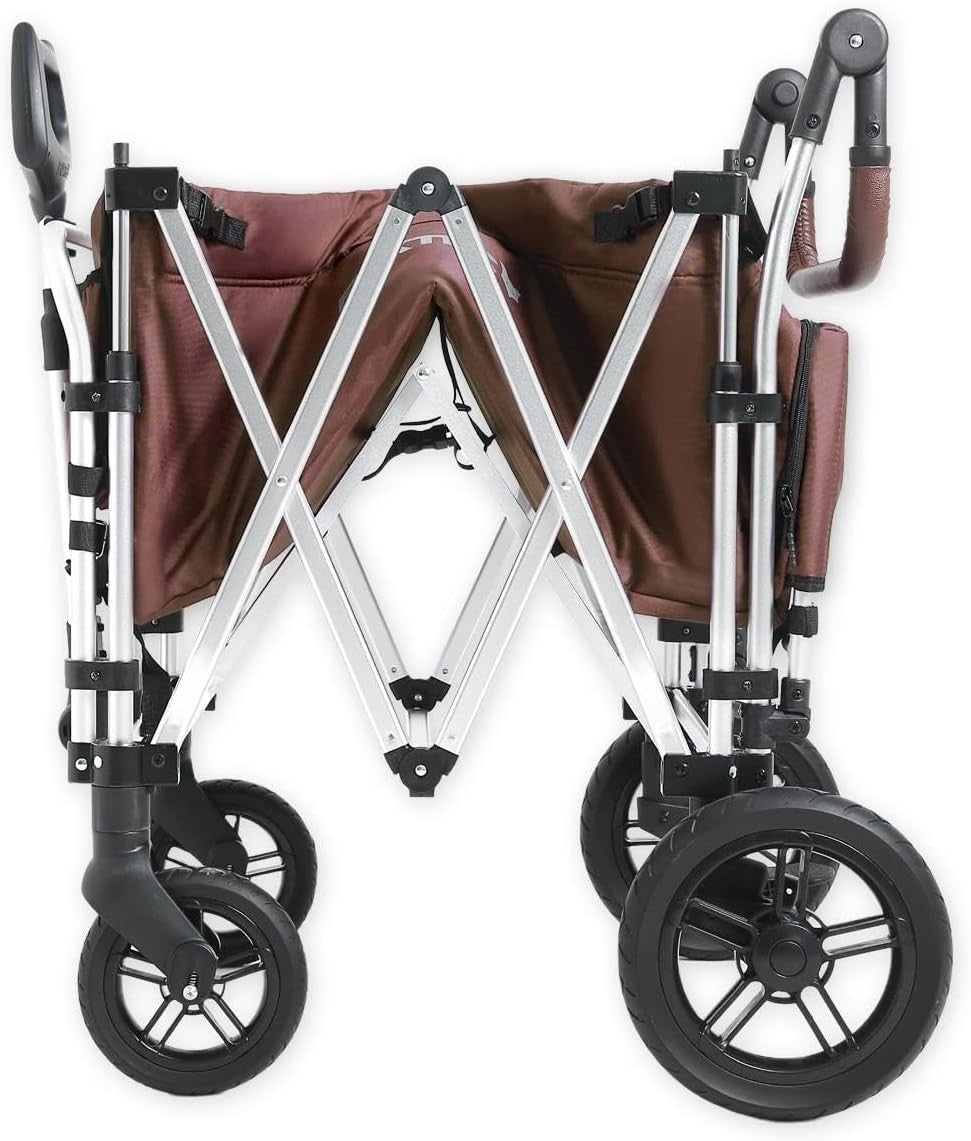 Brown All-Terrain 2-Seater Folding Kids Wagon Push Pull Stroller w/ Roof