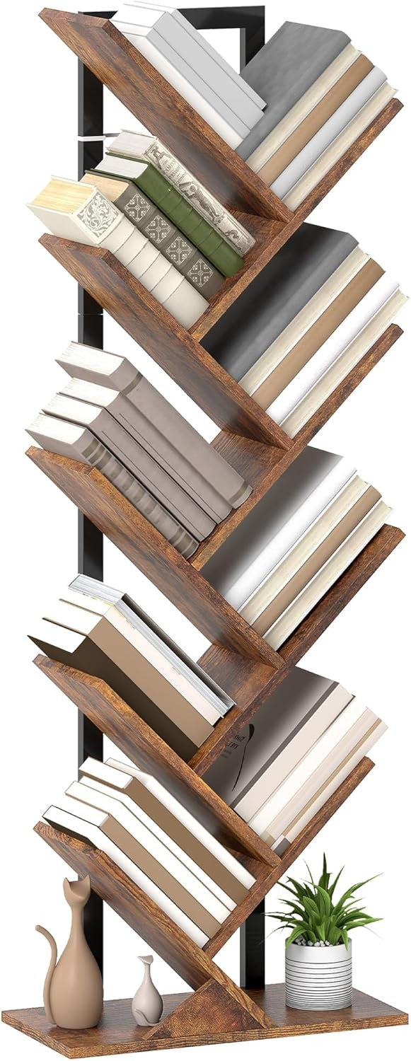 9-Tier Tree Bookshelf Rustic Brown Vertical Bookcase Industrial Space-Saving Uni