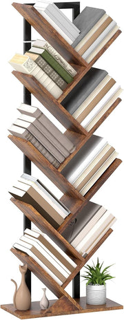 9-Tier Tree Bookshelf Rustic Brown Vertical Bookcase Industrial Space-Saving Uni
