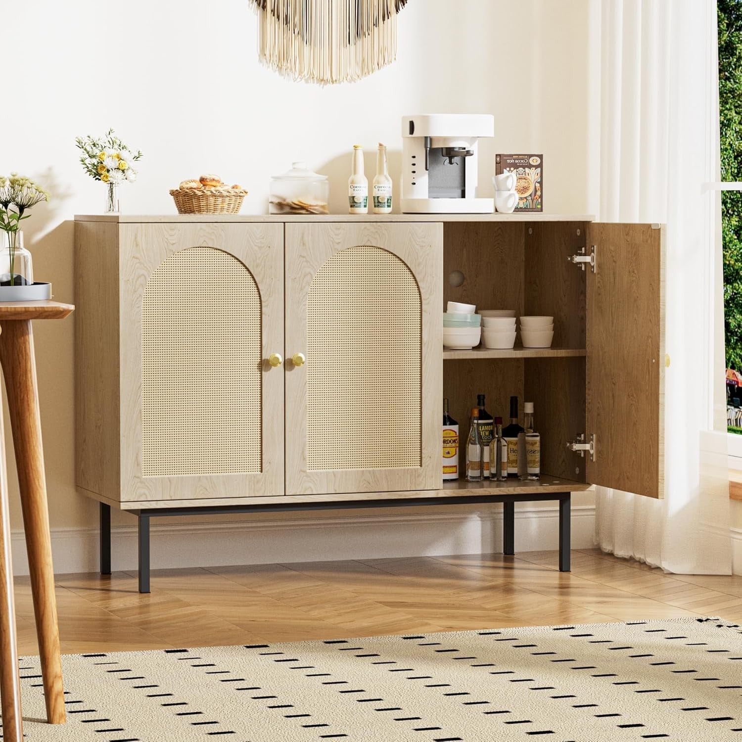 Rattan Sideboard Cabinet 3 Door Wooden Storage Unit for Dining Room
