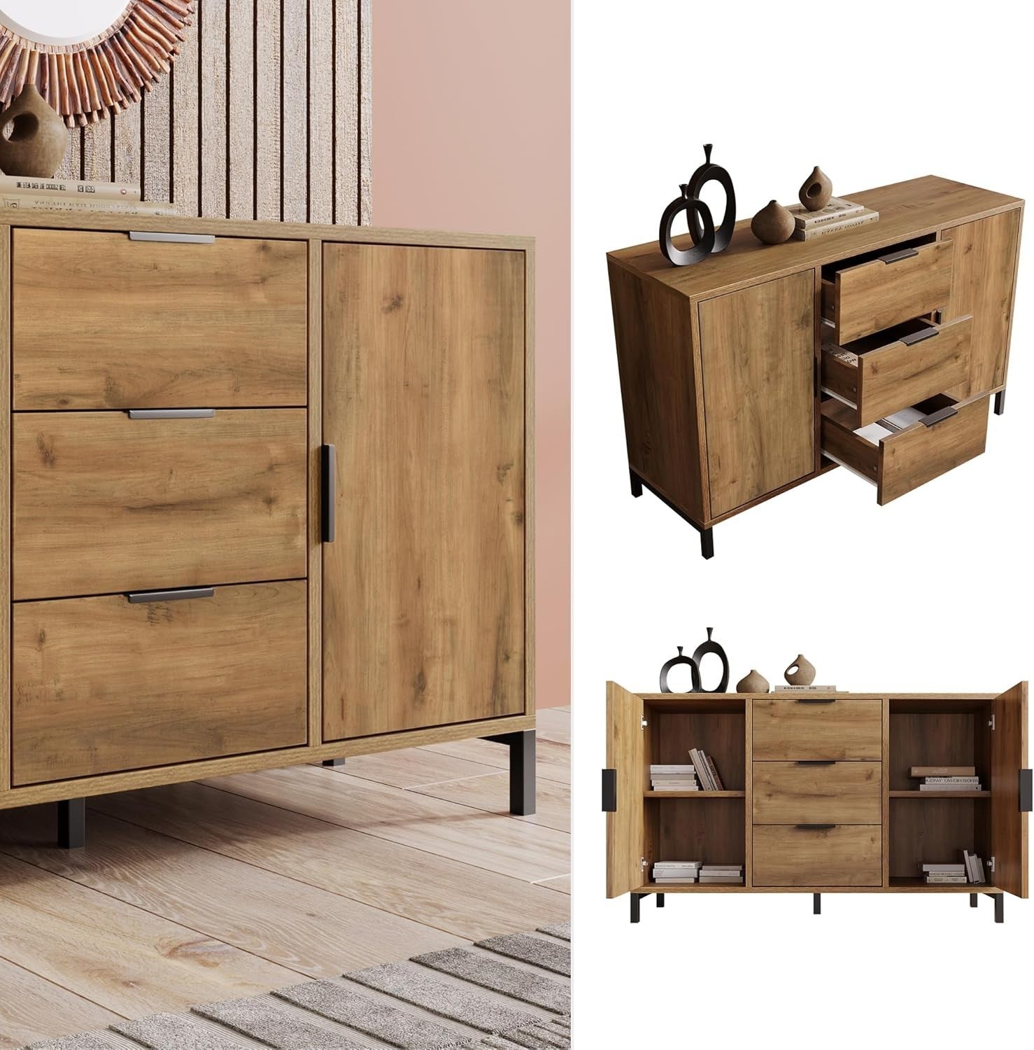 120cm Oak Sideboard Cabinet with Adjustable Shelves, 3 Drawers & Doors