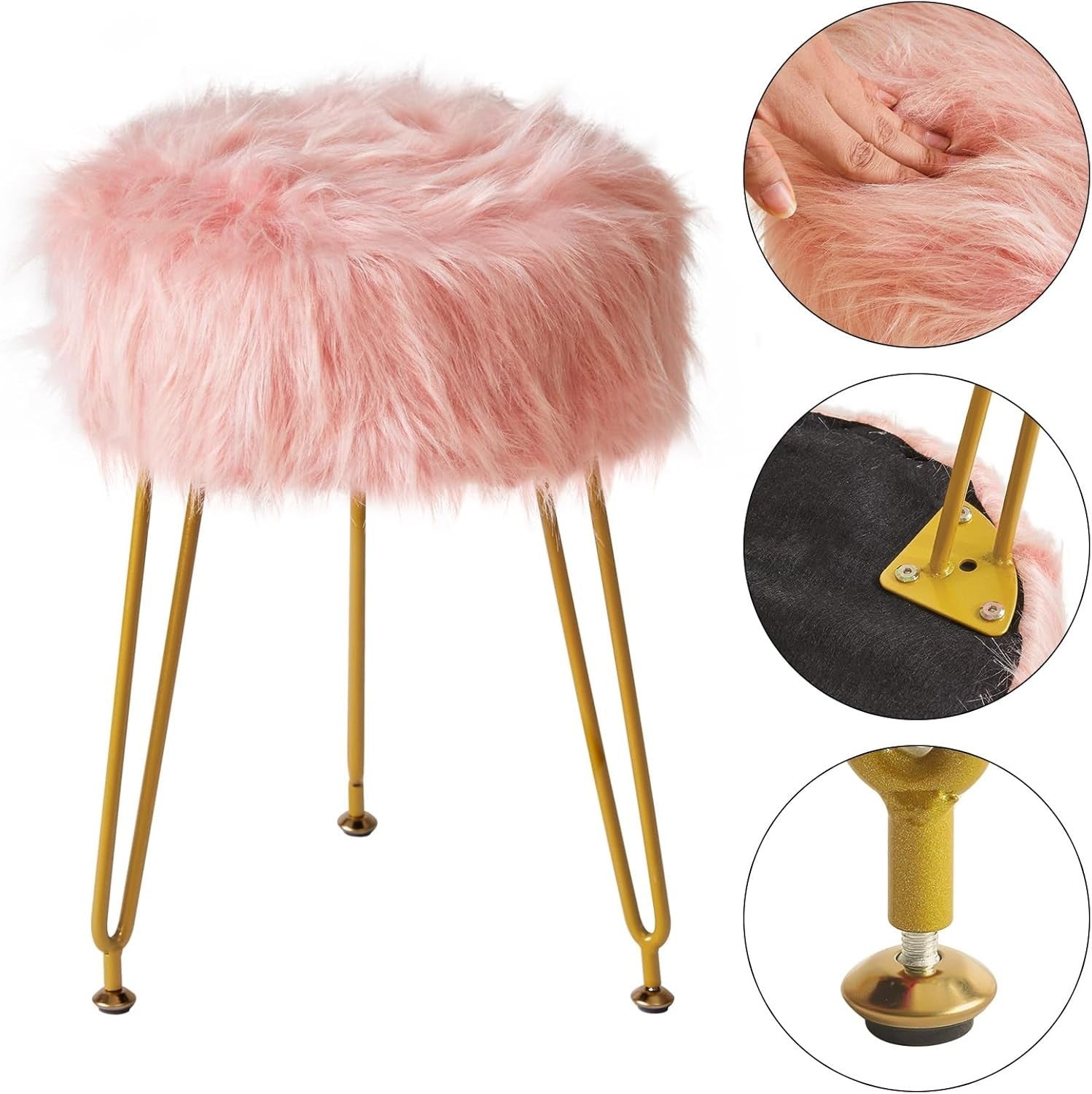 Pink Faux Fur Vanity Stool with Storage – Soft Round Makeup Chair