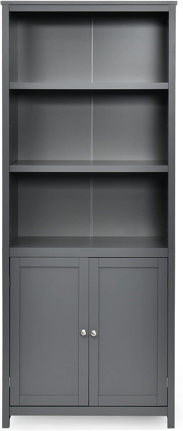 Grey 5-Tier Bookcase with Doors, Adjustable Shelves, Tall Freestanding Storage