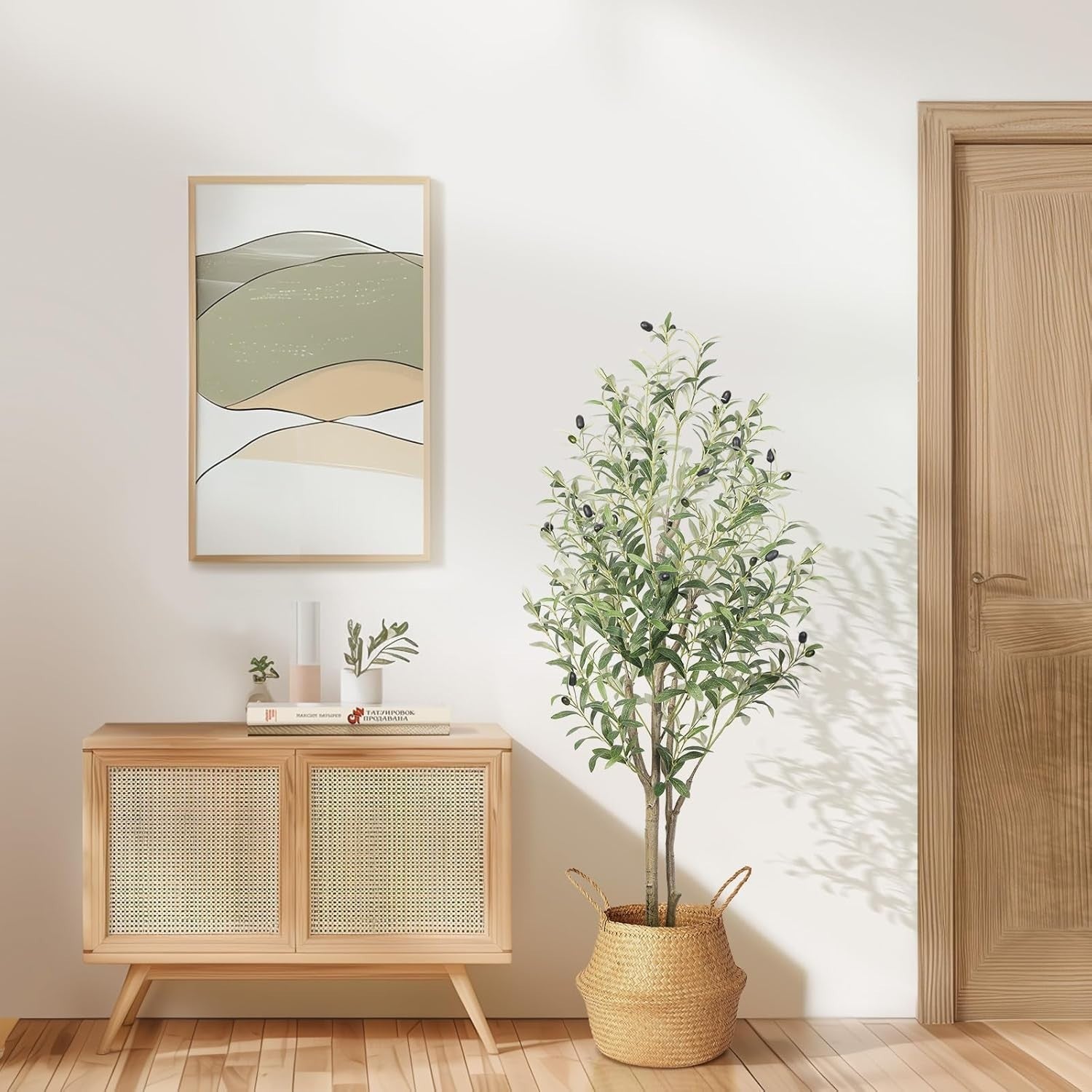 4FT Faux Olive Tree with White Pot Natural Wood Trunk Indoor Floor Home Decor