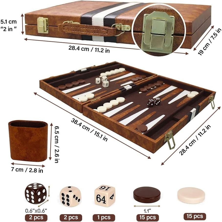 11 Inch Wooden Backgammon Travel Set Folding Strategy Board Game with Dice
