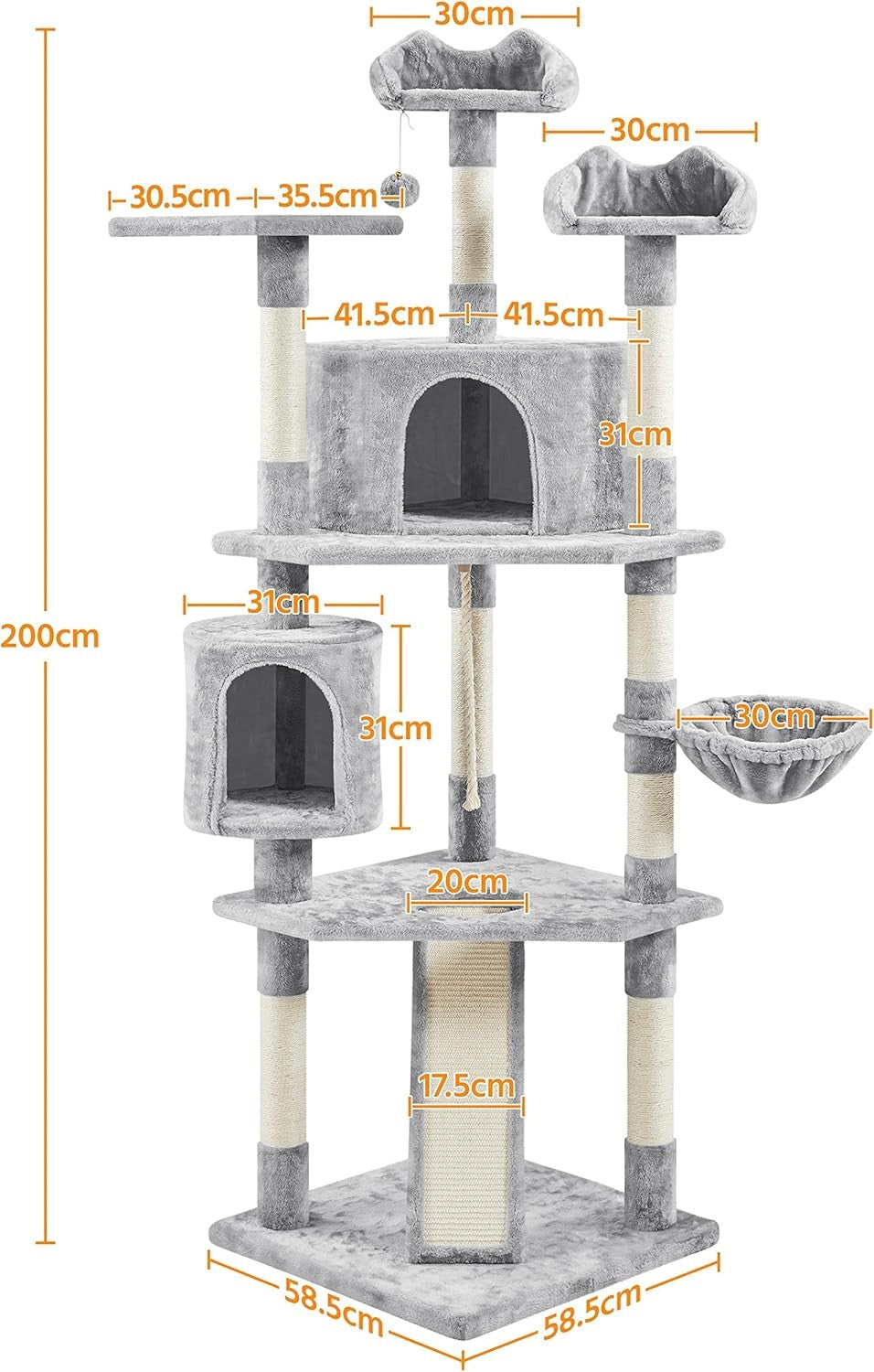 200cm Tall Cat Tree Tower Multi Level Condo Scratching Posts Light Grey