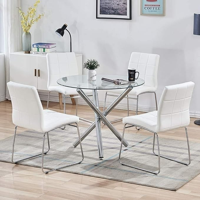 Round Glass Dining Table 90cm Tempered Metal Legs Modern Design