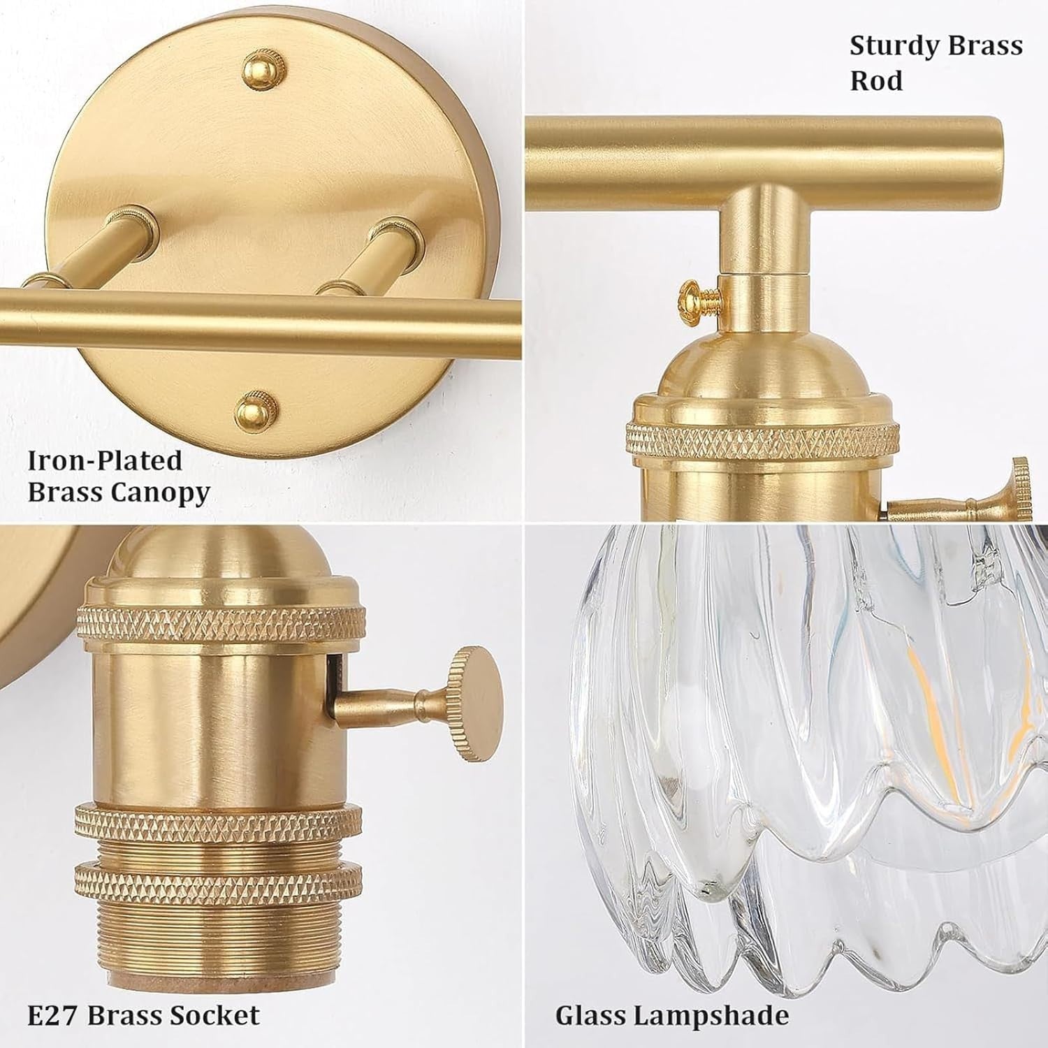 2-Light Clear Glass Wall Sconce Vanity Light Brass Fixture for Bathroom