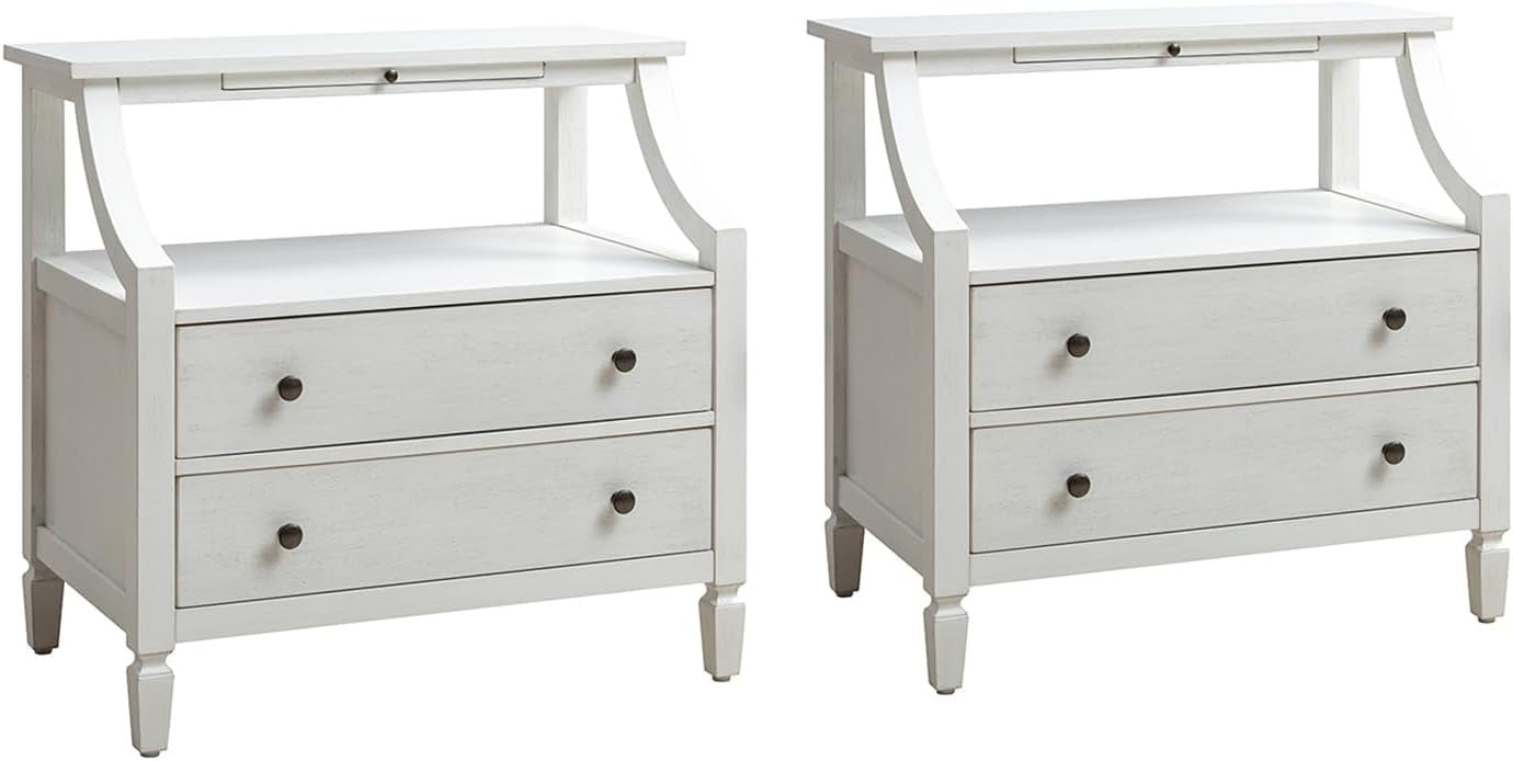 Set of 2 White Modern Bedside Tables with 2 Drawers & Shelf, Solid Wood Legs