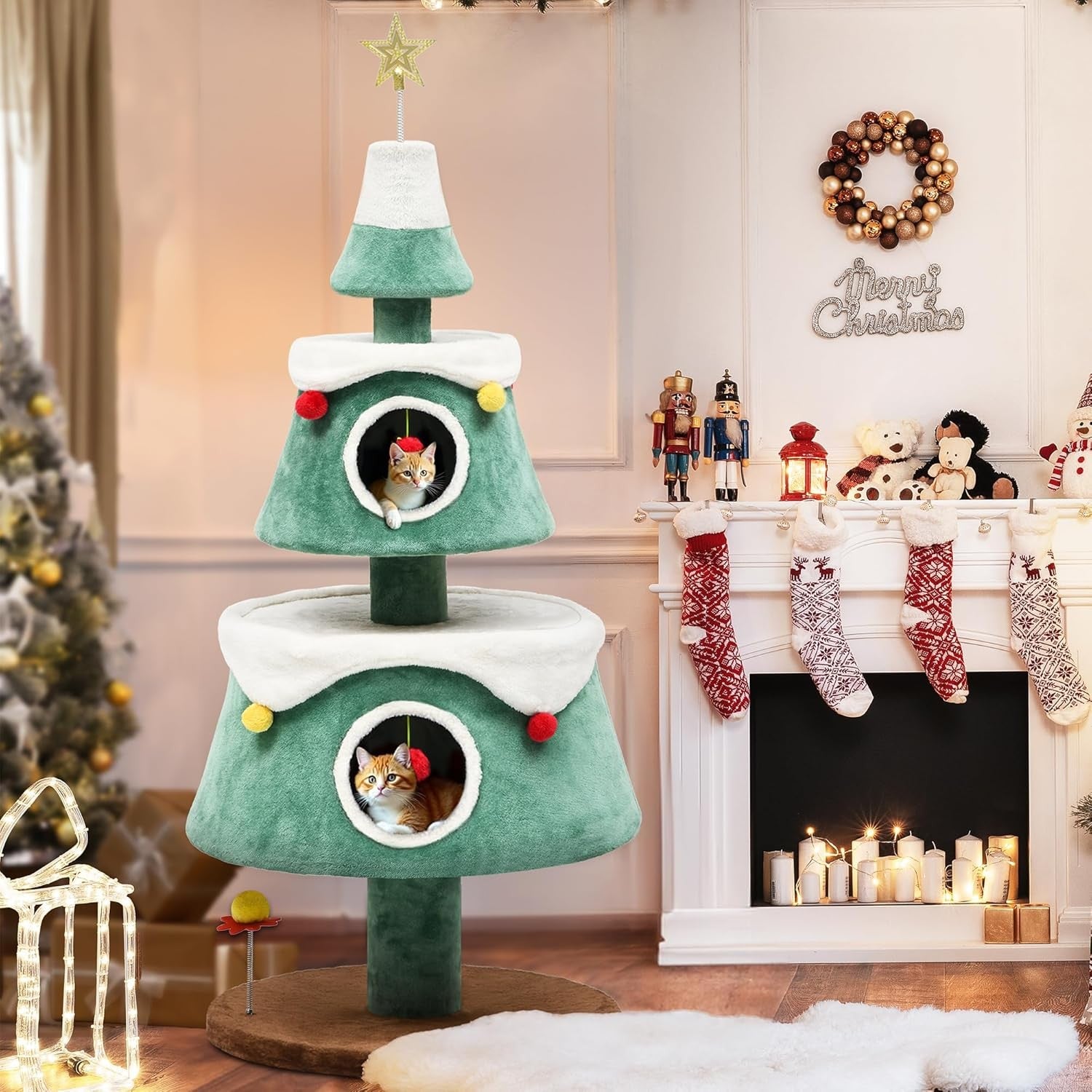 Christmas Cat Tree Tower Indoor with 2 Cat Houses Multi-Level Climber 160cm