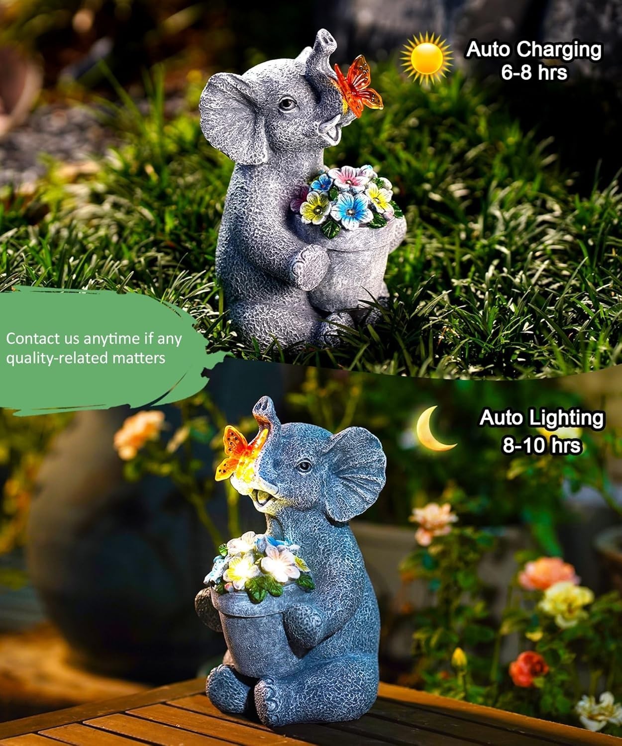 Solar Elephant Garden Ornament with Butterfly Light Resin Outdoor Decor Gift