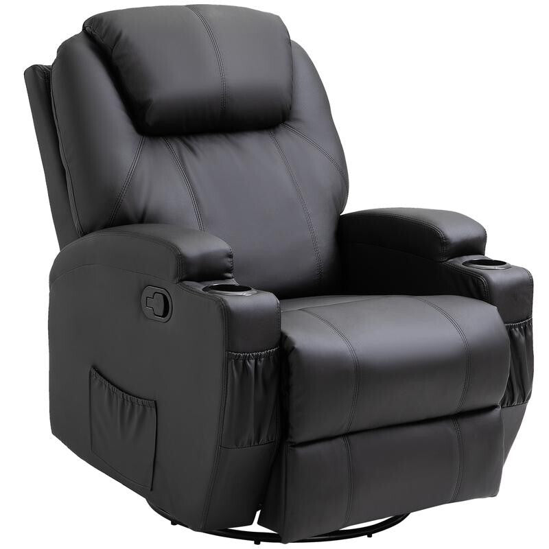 Recliner Massage Armchair PU Leather Swivel Rocking Chair w/ Remote & Cups