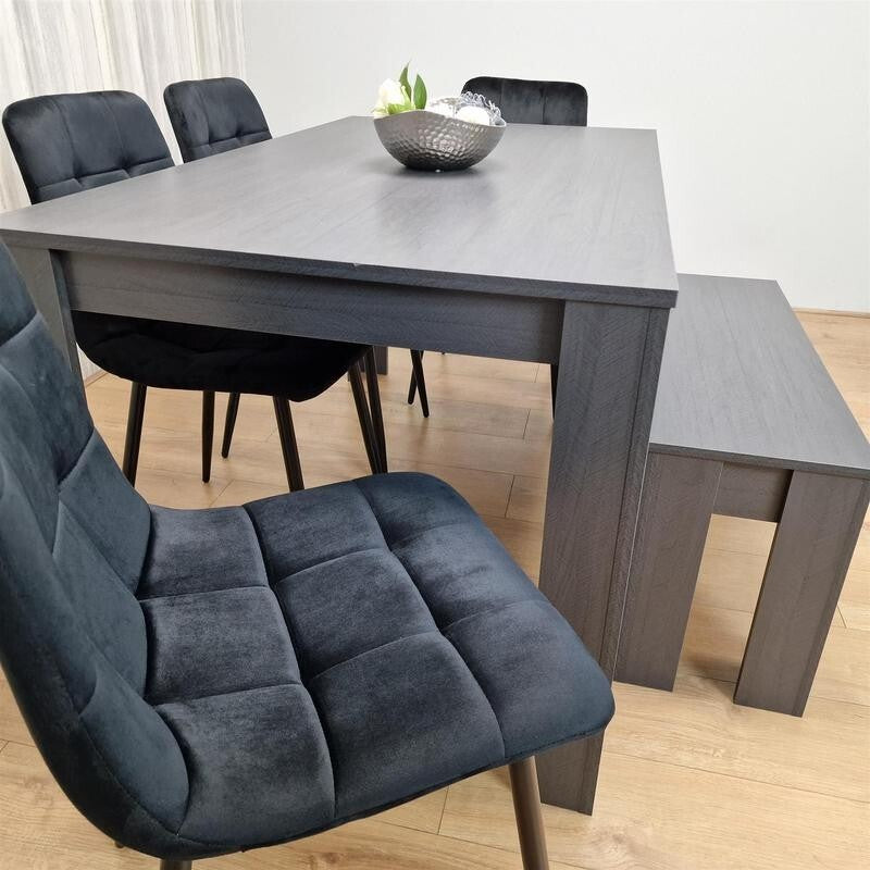 6 Seater Dining Table with 4 Black Chairs & Bench – Dark Wood Kitchen Set