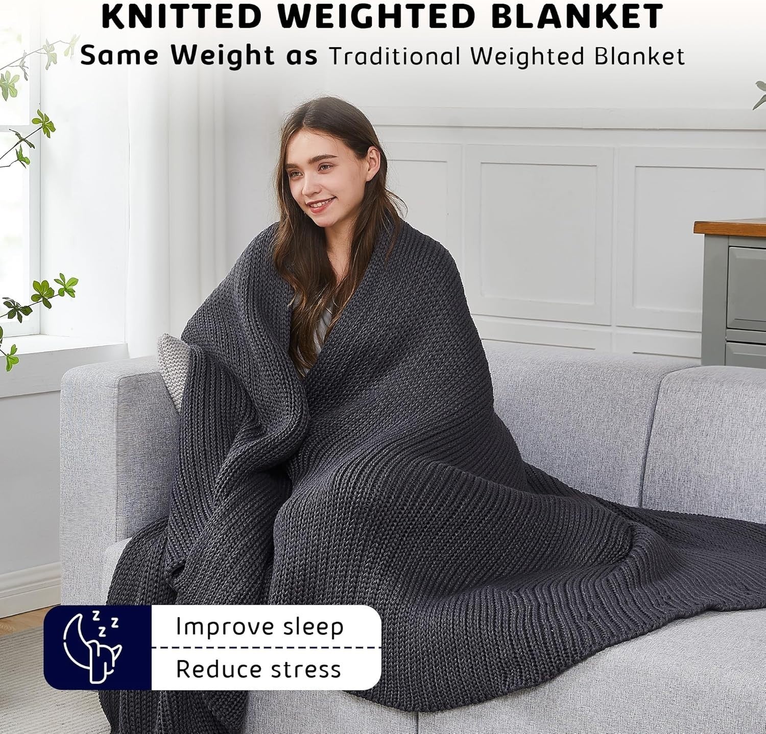 Knitted Weighted Blanket 10lbs 50x60 Dark Grey Cooling Heavy Throw