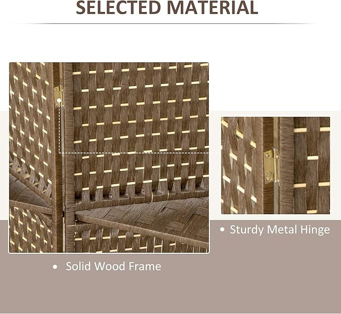 4 Panel Folding Room Divider with Shelves – Brown Woven Privacy Screen