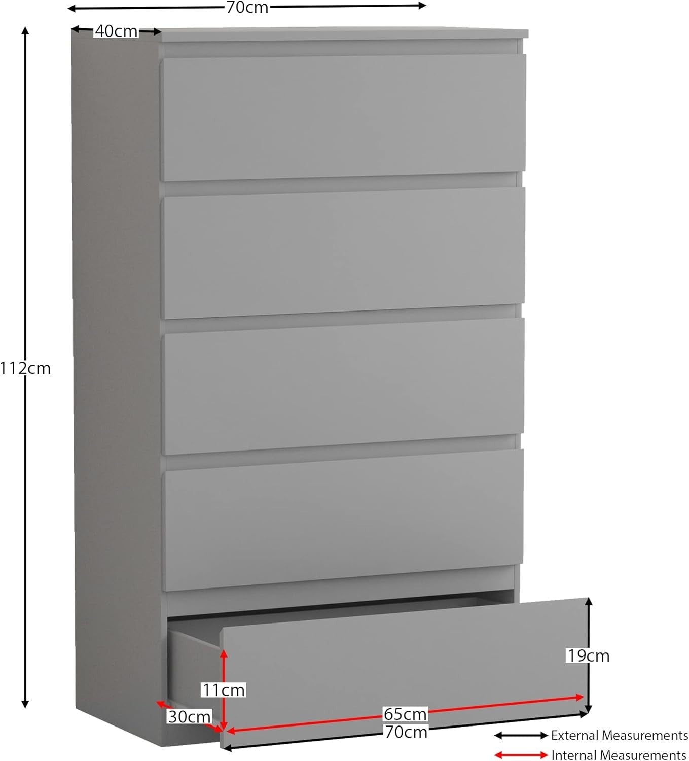 Grey 5 Drawer Chest Modern Storage Unit Tall Slim Bedroom Cabinet