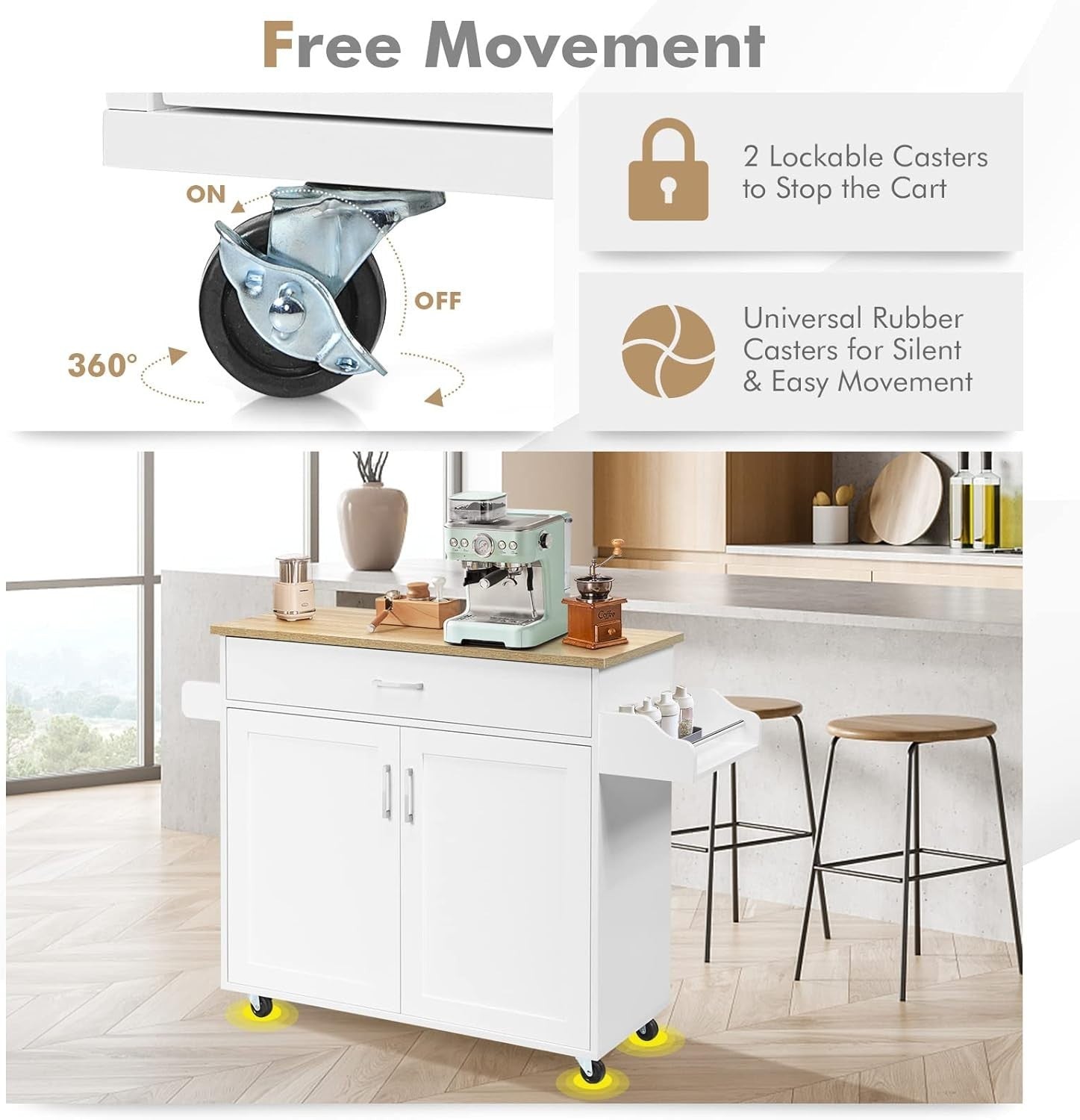 Rolling Kitchen Island Cart with Large Cabinet, Drawer & Wood Top