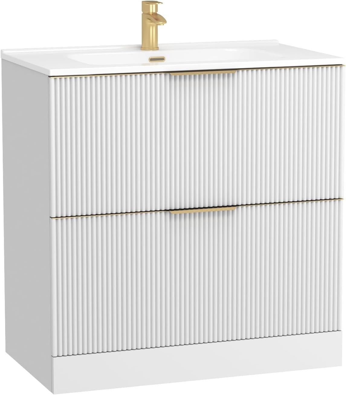 White 800mm Fluted Bathroom Vanity Unit with 2 Drawers & Basin Brass Handles
