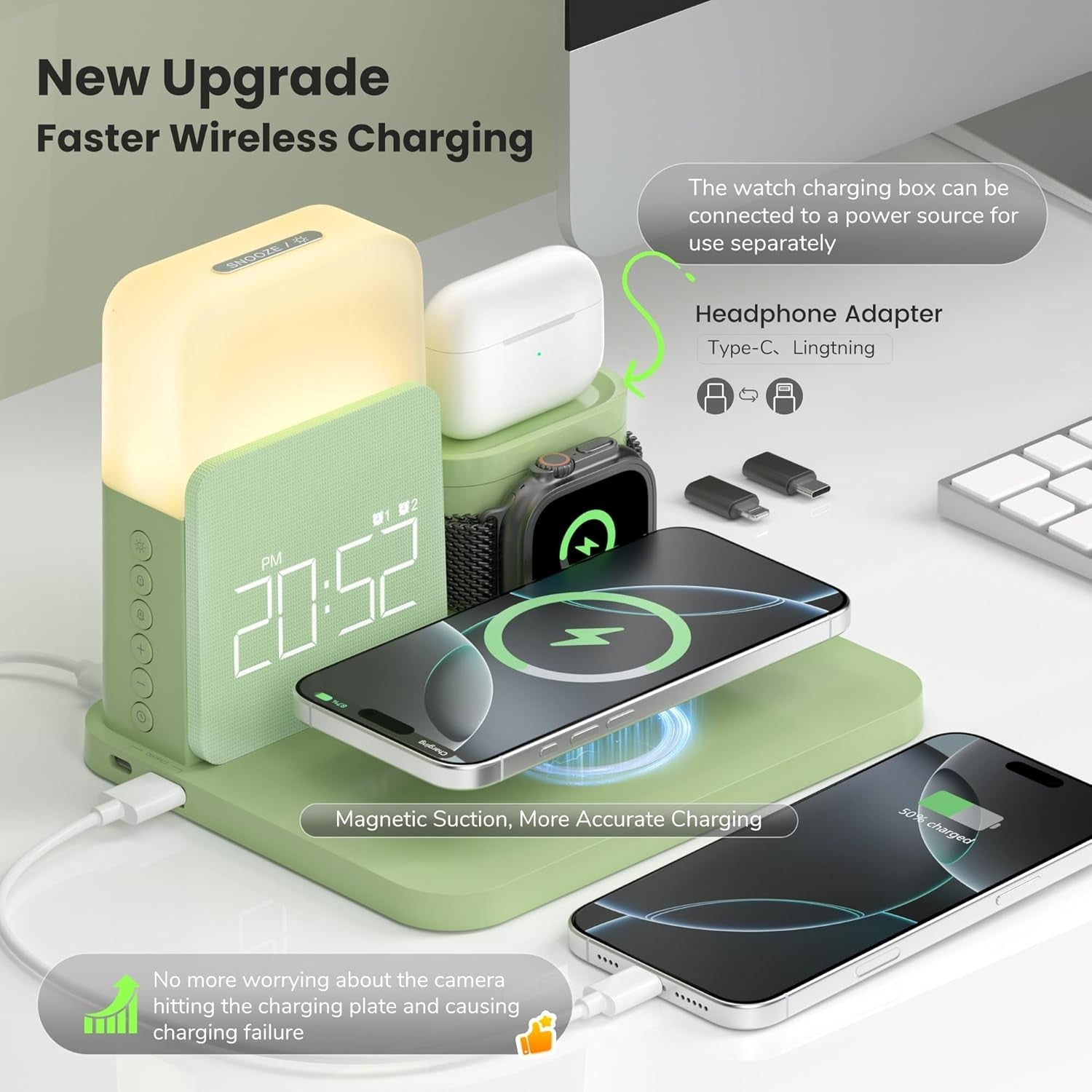 6 in 1 Wireless Charging Station Alarm Clock Night Light Magnetic Stand