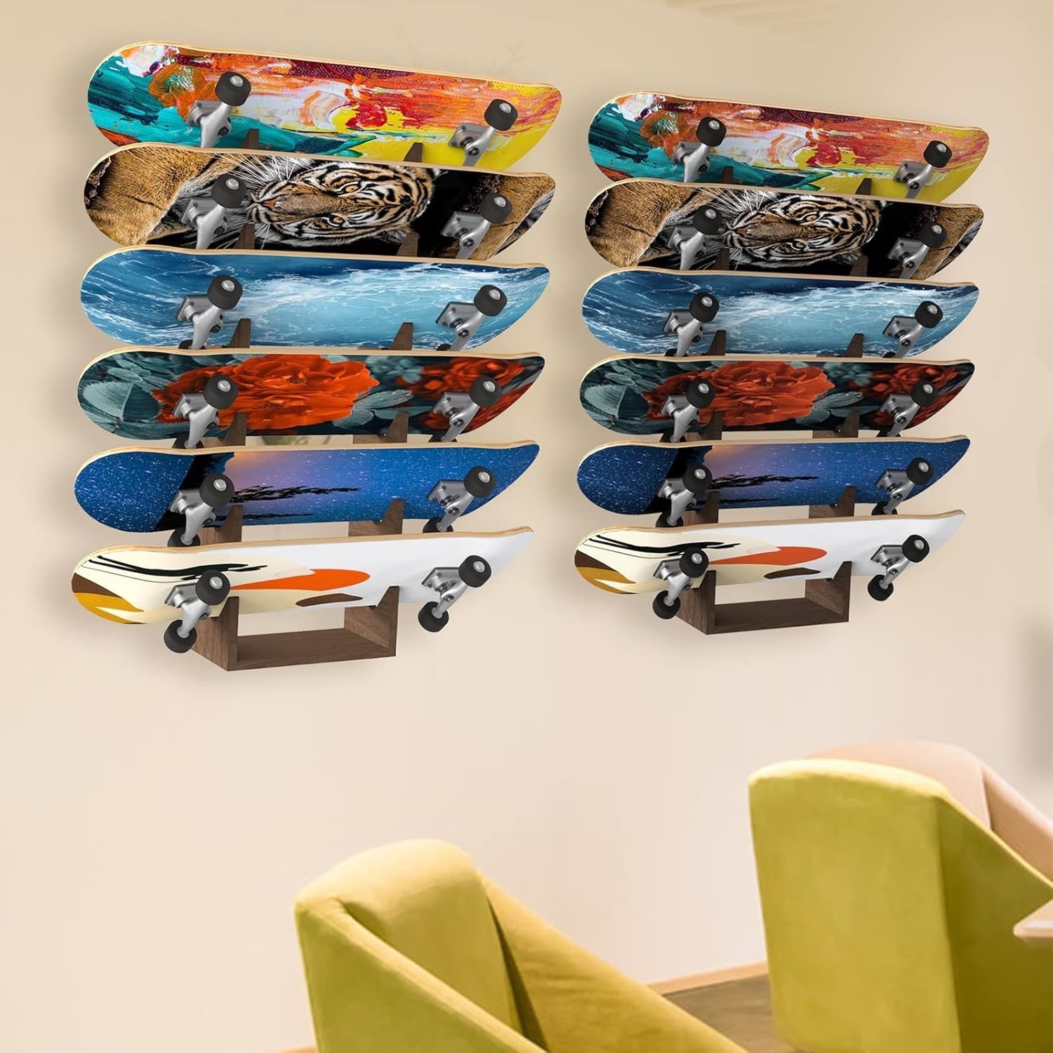Wall Mount Skateboard Rack Holds 6 Boards Solid Wood Organizer