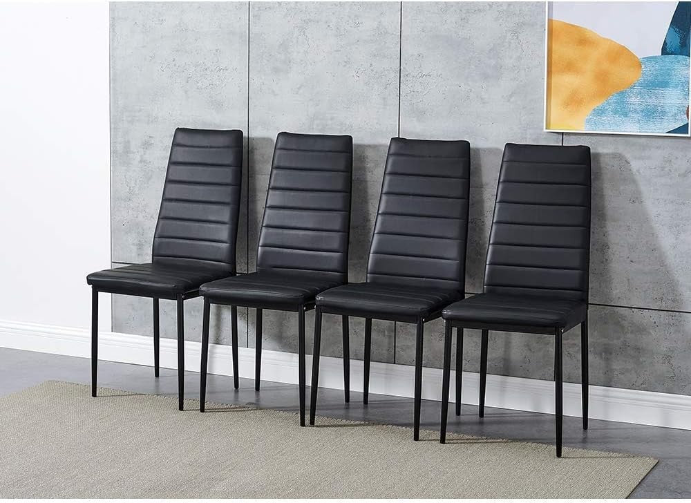 Modern 4-Seater Black Glass Dining Table Set with PU Leather Chairs